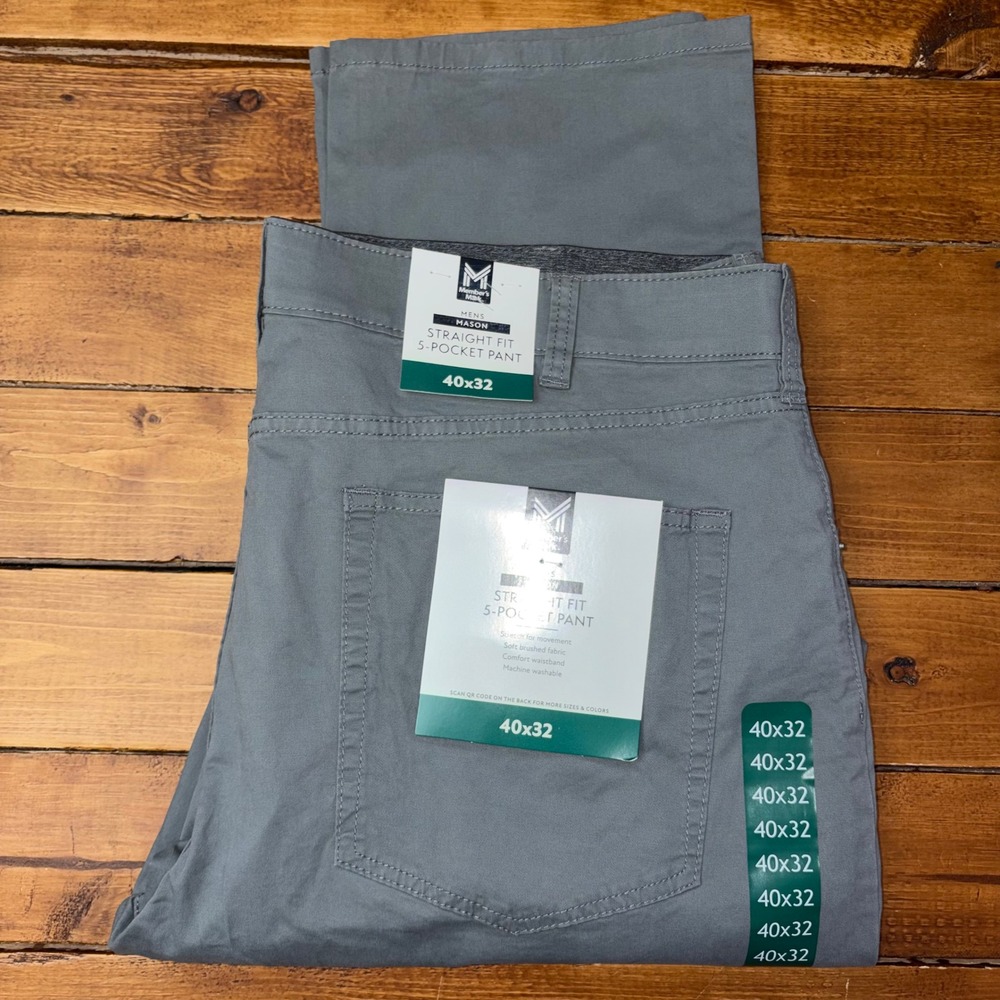 Member's Mark Mason Straight Fit 5-Pocket Pant Mens 40x32 Gray Stretch Cotton